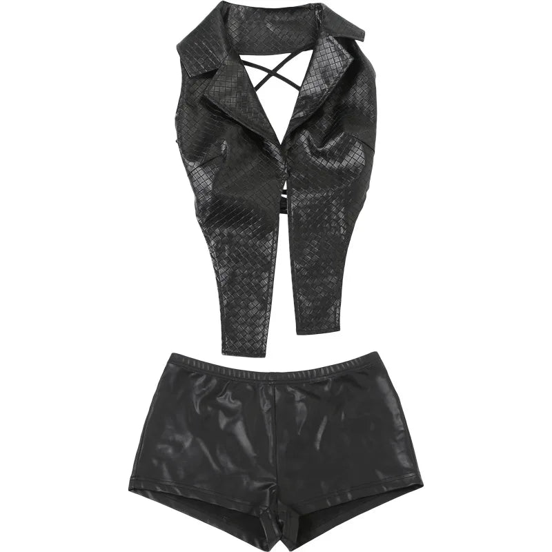 Sleek Black Leather Sleeveless Backless Two Piece Set for Women