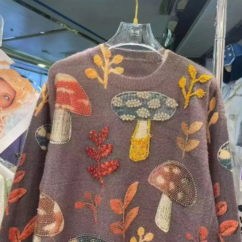 Autumn Winter 2025 Crystal Diamonds Stitch Thick Warm Sweater for Women's Trend Knit Top Outwears Knitwear Pullover pulls femme