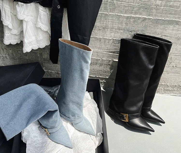 Design Women Metal High Heel Pointed Toe Belt Buckle Knee High Boots Sexy Women Pointy Gold Belt Buckle Knee Boots Plus Size 46