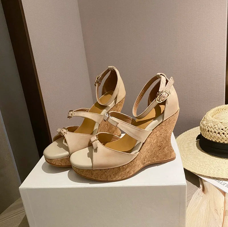 Elegant Apricot Buckle Platform Thick Heel Wedge Sandals for Women