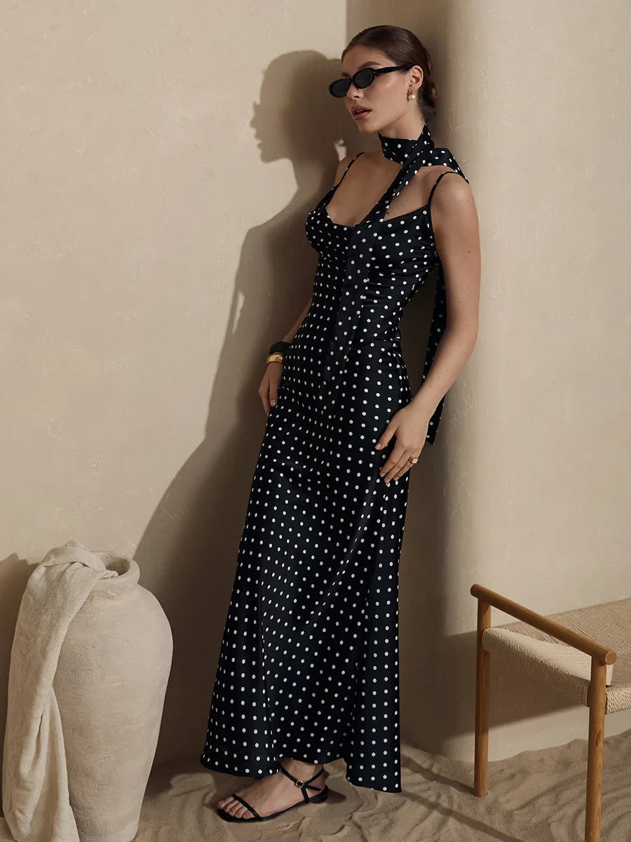 Summer Polka Dot Halter Tie Waist Maxi Dress for Women