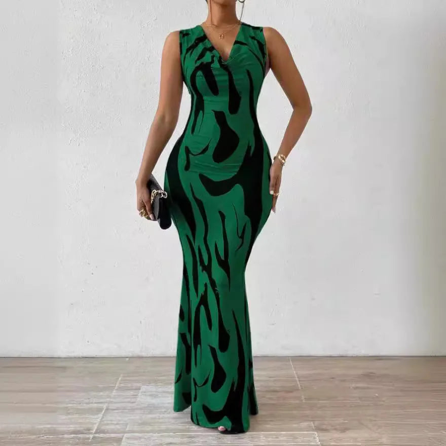 Dress Sleeveless Print Midi Wrap Waist Elegant Office Style Summer Travel Ready Now