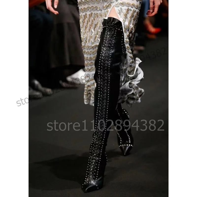 Red Ruffled Rivet Strappy Pointed Toe High Heel Boots For Women