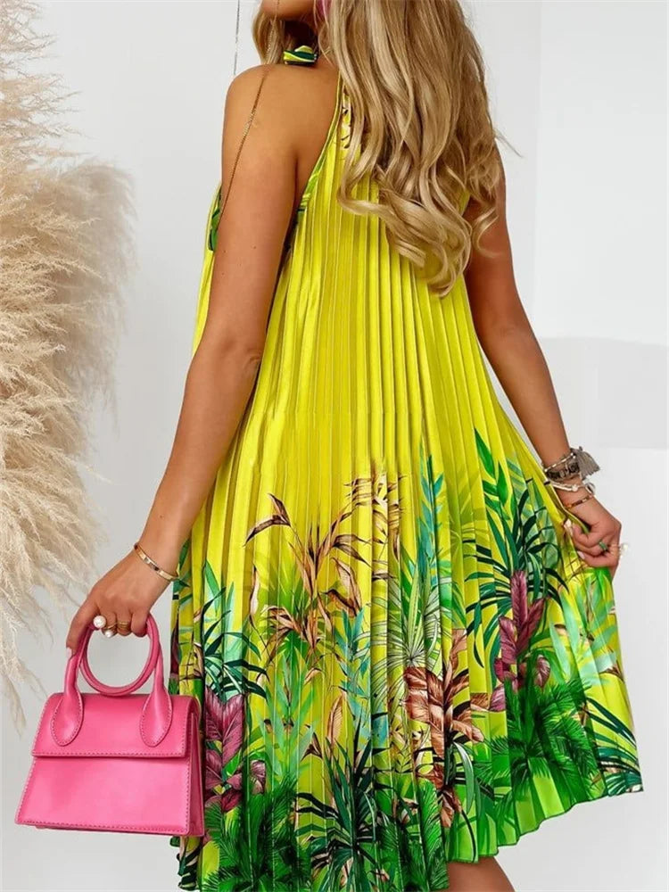 Wmstar Women Dress Lady Casual Loose Halter Pleated Maxi Fashion Leaf Print Sleeveless Beach Boho Elegant Halter Long Dresses