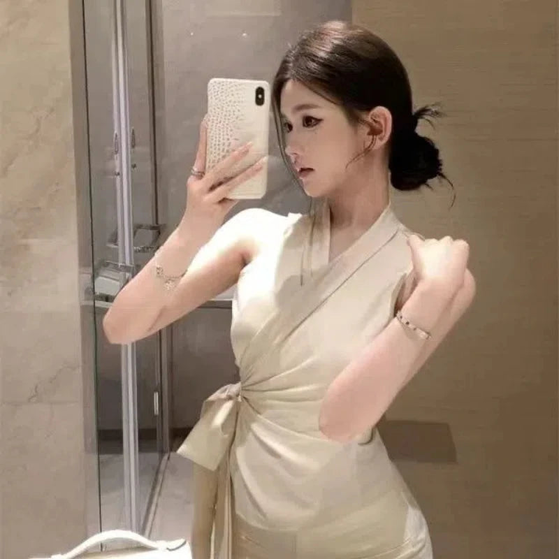 Solid V Neck Bandage Sleeveless Elegant Top for Women