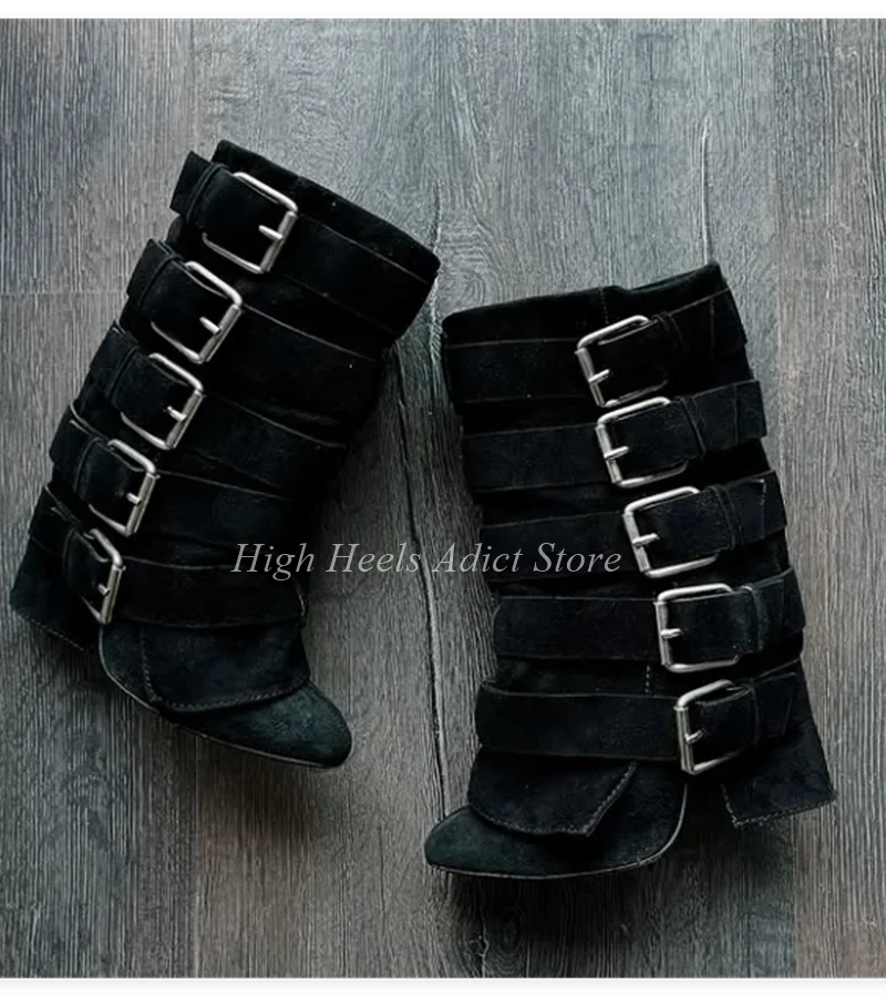 Black Suede Buckle Mid Calf Boots