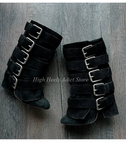 Black Suede Buckle Mid Calf Boots