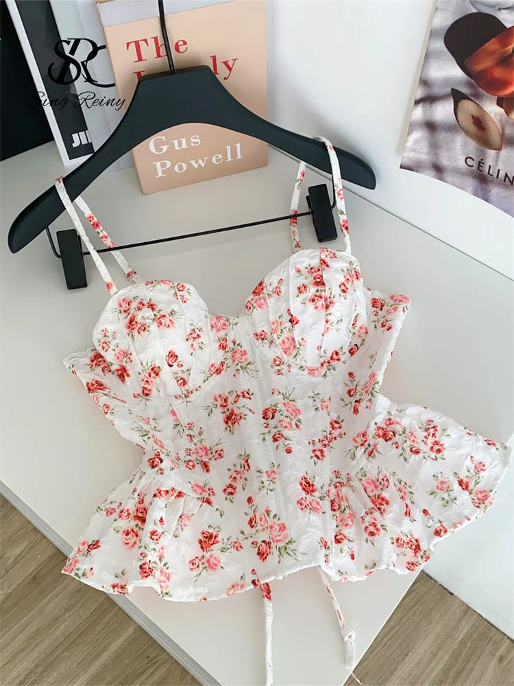 French Corset Print Ruffle Strap Tank Top for Women