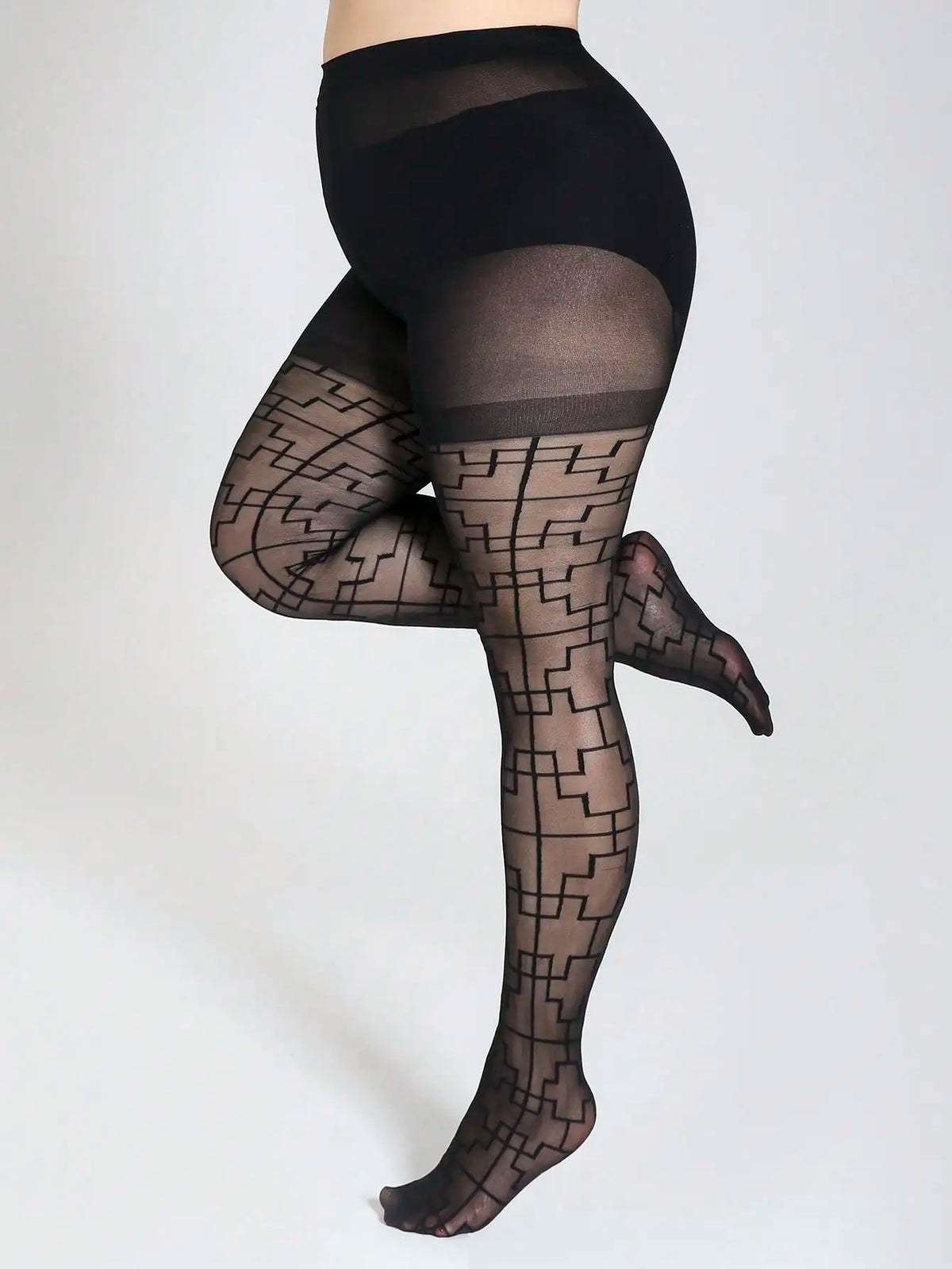 Black Sheer Geometric Maze Pattern Tights for Women