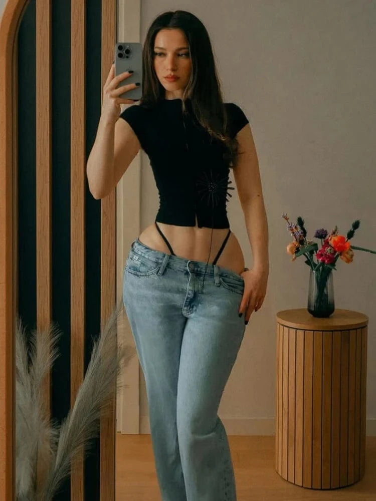 Weird Puss Tassel Applique Crop Tops Women Single-Breasted Half-High Neck Tassel Midnight Hottie Versatile Street Skinny T-Shirt