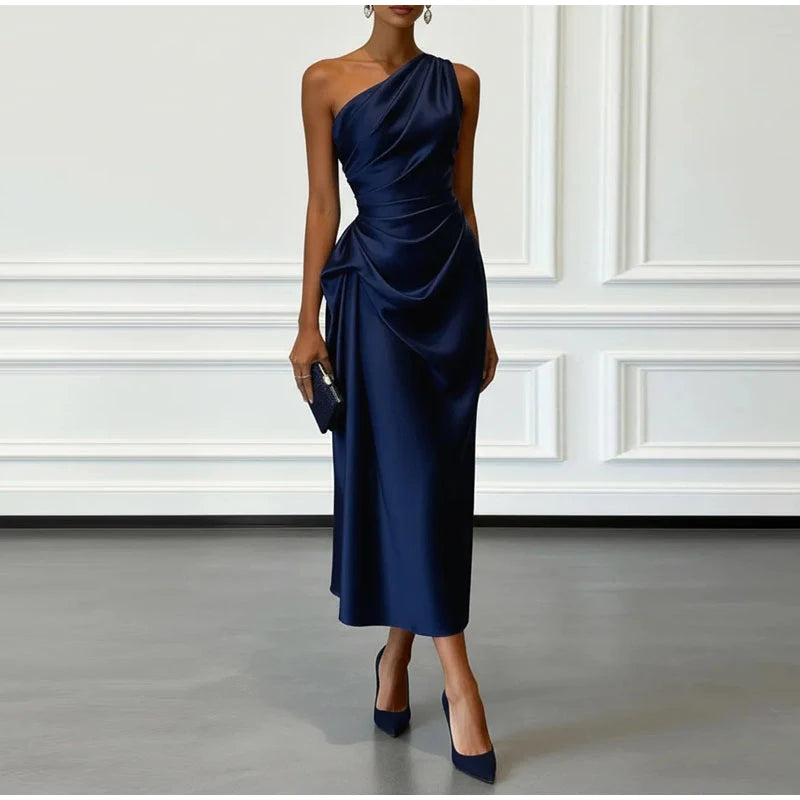 Charming One Shoulder Ruched Waist Satin Midi Dress For Women