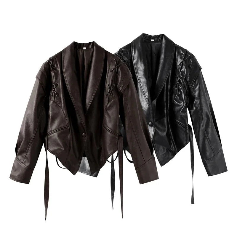 Women Leather Bomber Jackets Coats With Belt Notched Shoulder Pads Motorcycle Street Chic Short Outwear Fashion Solid Lace Up