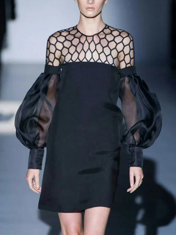 UOOZEE Urban Female Fashion Hollow O-Neck Party Evening Mini Dresses 2025 New See-through Puff Sleeve Elegant Office Black Dress