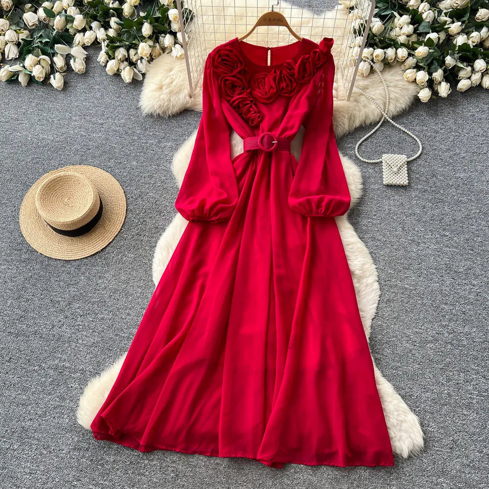 Floral Lace V Neck Long Sleeve A Line Midi Dress for Women