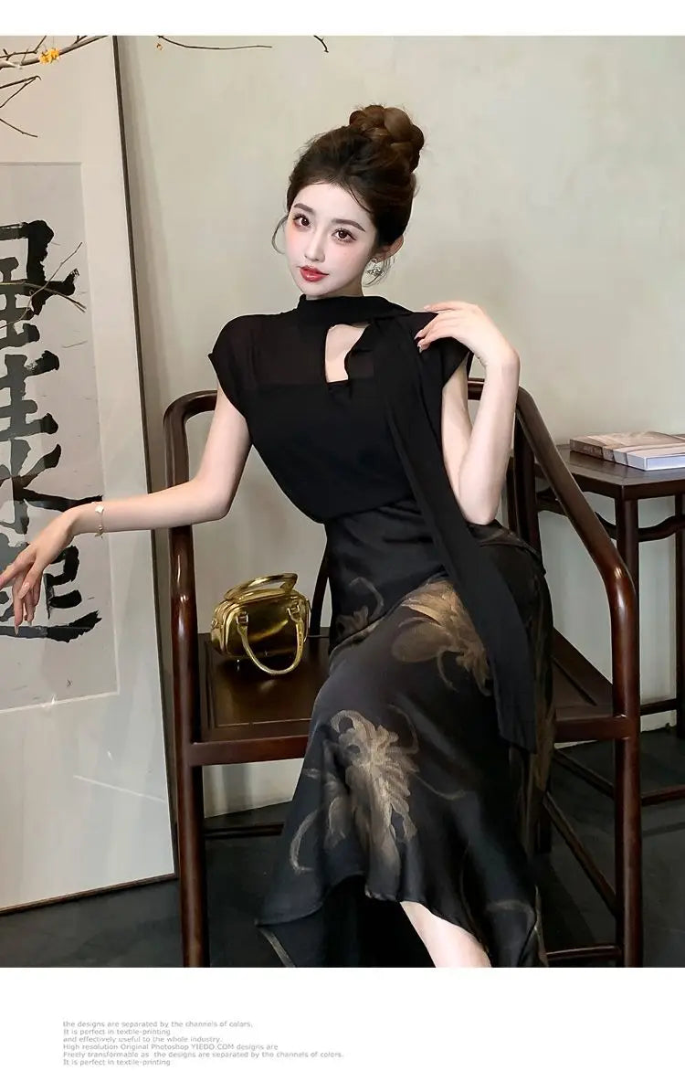 Chiffon Stand Collar Black Printed Three Piece Set for Women