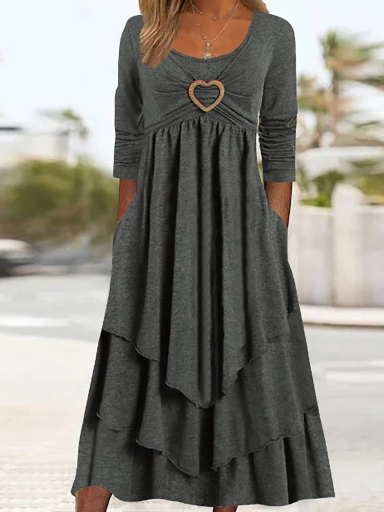 Long Sleeve Patchwork Midi Dress With Pockets for Women