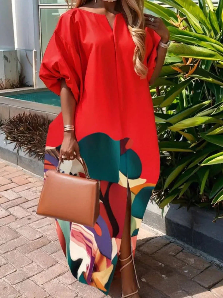 Gymystars Elegant Party Dresses Flower Print Maxi Dress Fashion Loose Puff Sleeves Split-Front Casual Red Evening Dress Ladies