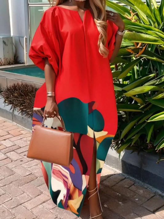 Gymystars Elegant Party Dresses Flower Print Maxi Dress Fashion Loose Puff Sleeves Split-Front Casual Red Evening Dress Ladies