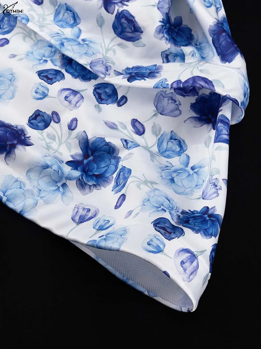 Oymimi Fashion Blue Print Womens Dresses Elegant V-Neck Long Sleeve Zipper Dresses Casual High Waist Pleated Mini Dress Female