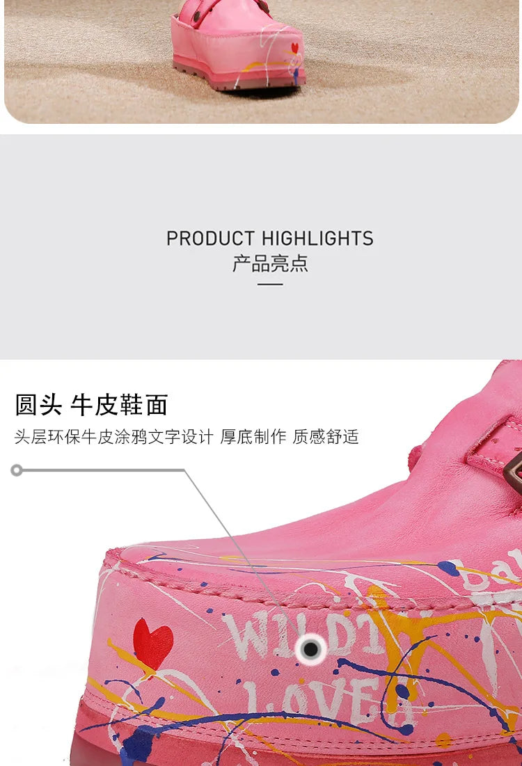 Hand Drawn Leather Platform Slippers with Round Toe for Women