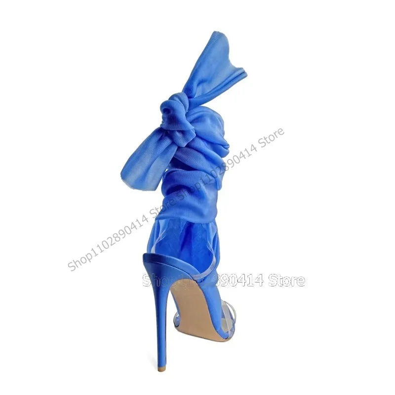 Blue Mesh PVC Hollow Cut Heel Open Toe Back Strap Sandals for Women