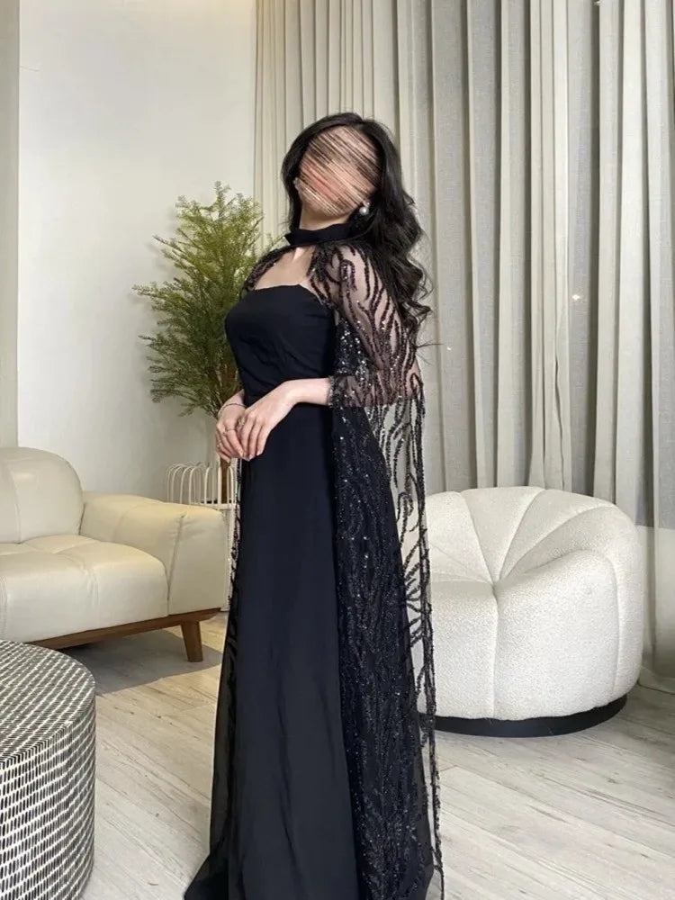 Elegant Chiffon Lace Floor Length Long Sleeve Prom Dress for Women
