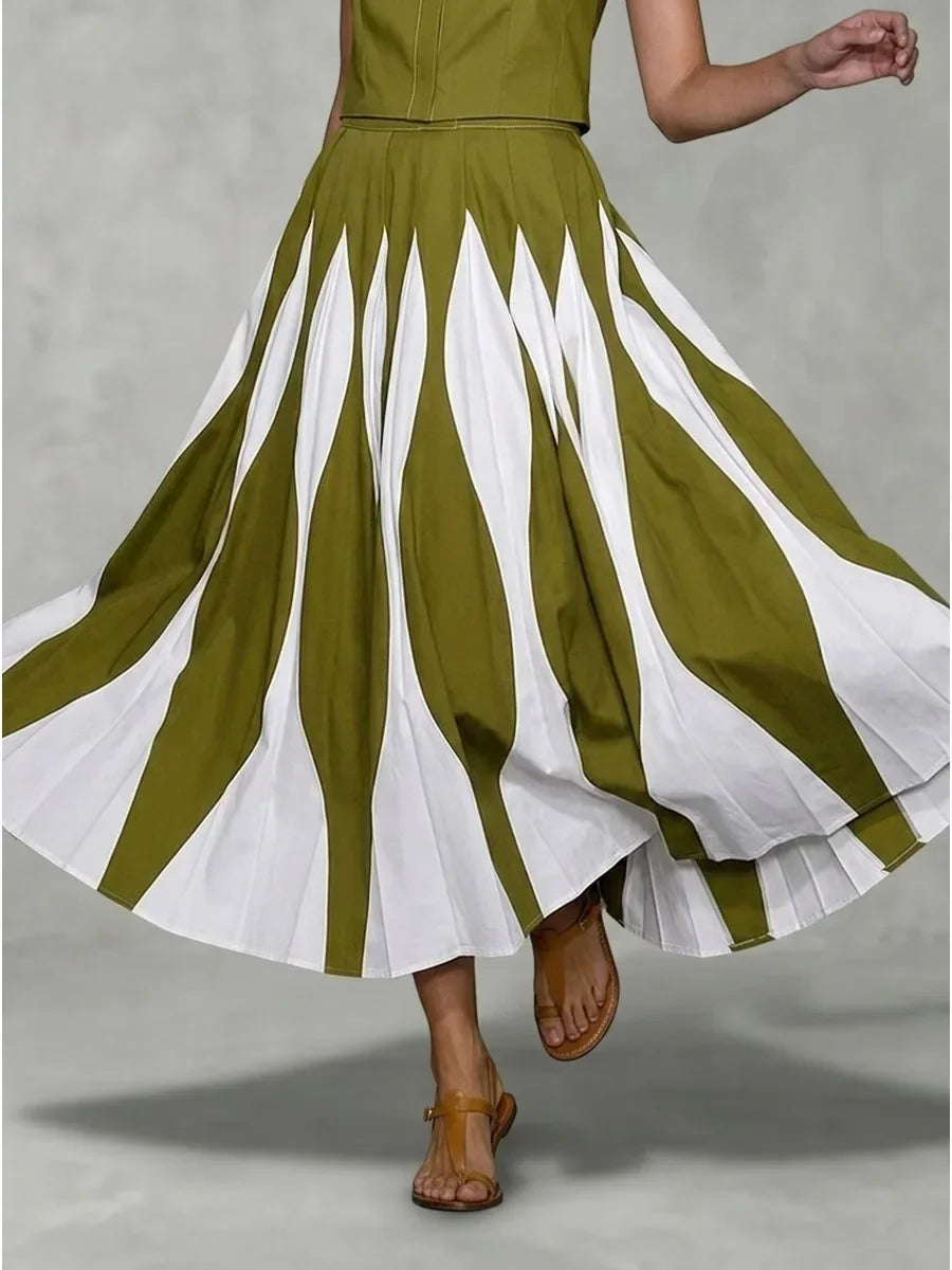 Bonboho 2026 New Women's Elegant Skirt Set Sleeveless Shirt Top & High Waist Pleated Contrast Color Skirt Casual Two-piece Set