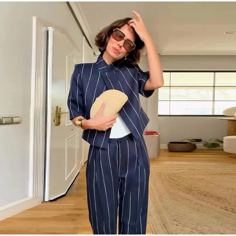 Elegant Striped Two Piece Coat and Pants Set for Women