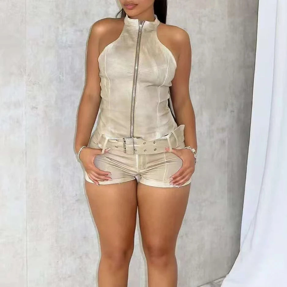FAGADOER Retro Fashion Denim 2 Pieces Set for Woman Zipper Sleeveless Crop Top + Skinny Shorts Suit Female Streetwear Clothing