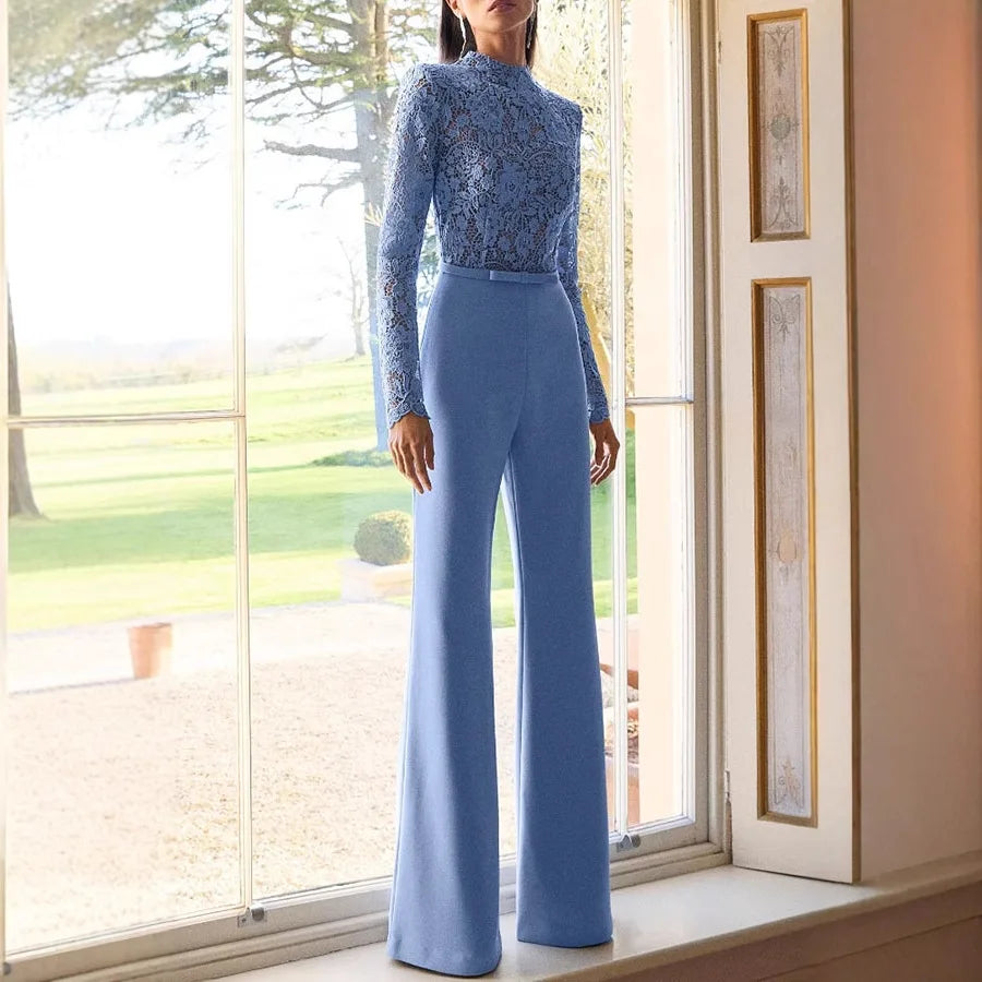 Embroidery Lace Blue Jumpsuits Women Sexy Slim Long-sleeved Belt High Waist Jumpsuit Female 2025 Casual Lady Party Jumpsuits