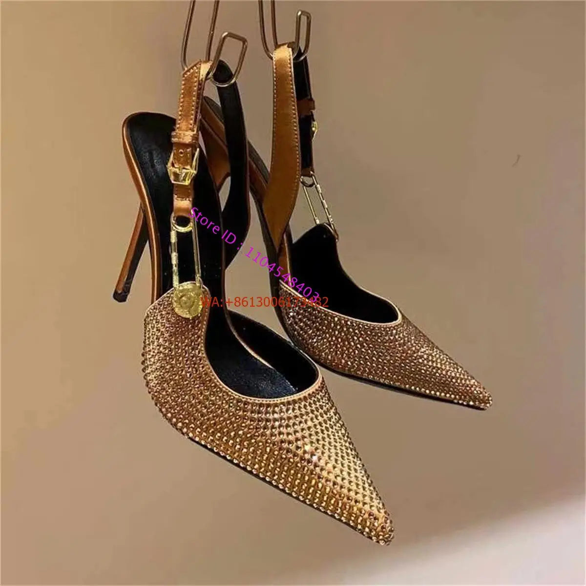 Sexy Pointed Toe Slingabck Rhinestone Sandals Lady Leather Luxury Dress Stiletto High Heel Pumps Women Shoes Metal Buckle