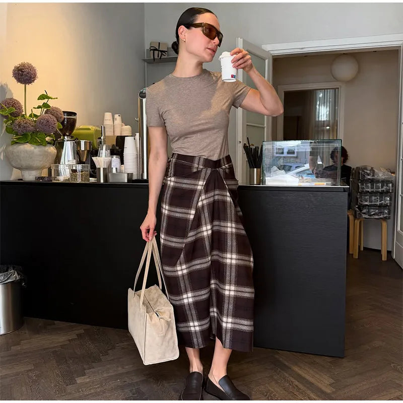 Women Checked Midi Skirt Fashion Casual Pleated Irregular High Waist Slim Mid-length Bottom Lady Daily New Commute Street Skirts