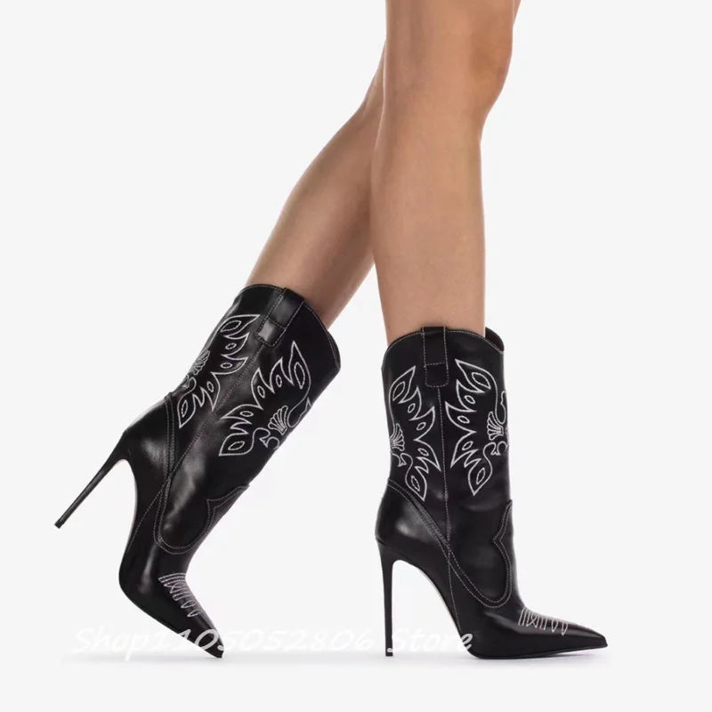 Embroidery Punk Point Toe Mid Calf Boots With Thin Heel For Women