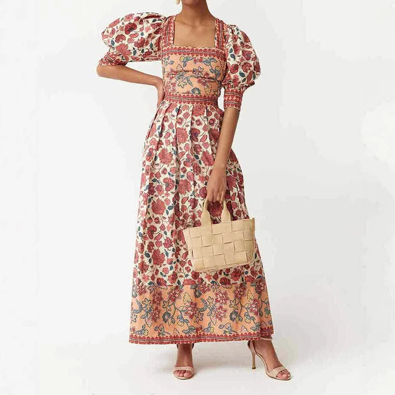 Elegant Square Neck Bubble Sleeve Top & Long Skirt Sets Women Fashion Floral Print Bohemian Outfits Summer Caual Party 2pc Suit