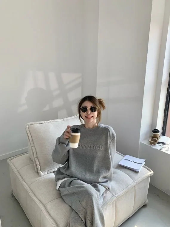 Thick Tracksuit Women Two Pieces Set Sweatshirts Pullover Hoodies Pockets Pants Suit Trousers Sports Matching Sets Autumn Spring