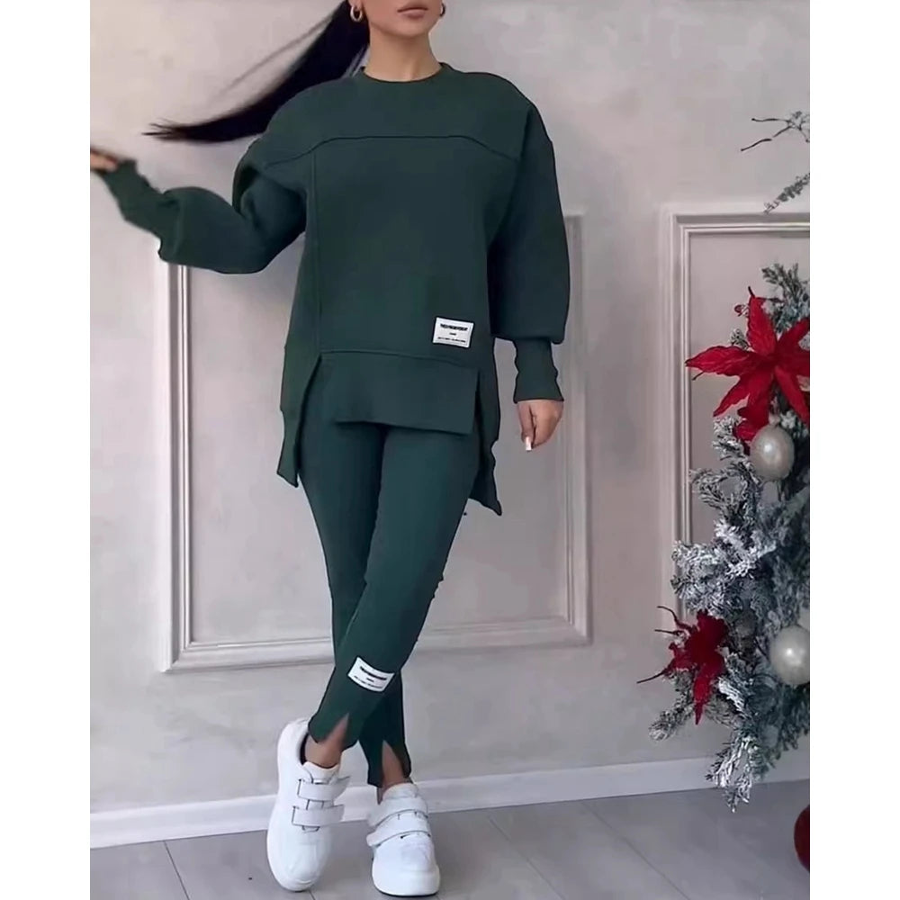 Sporty O-neck Long Sleeve Asymmetrical Sweatshirt & Skinny Pants Set Two Piece Outfits Tracksuit Sets Fall Clothing