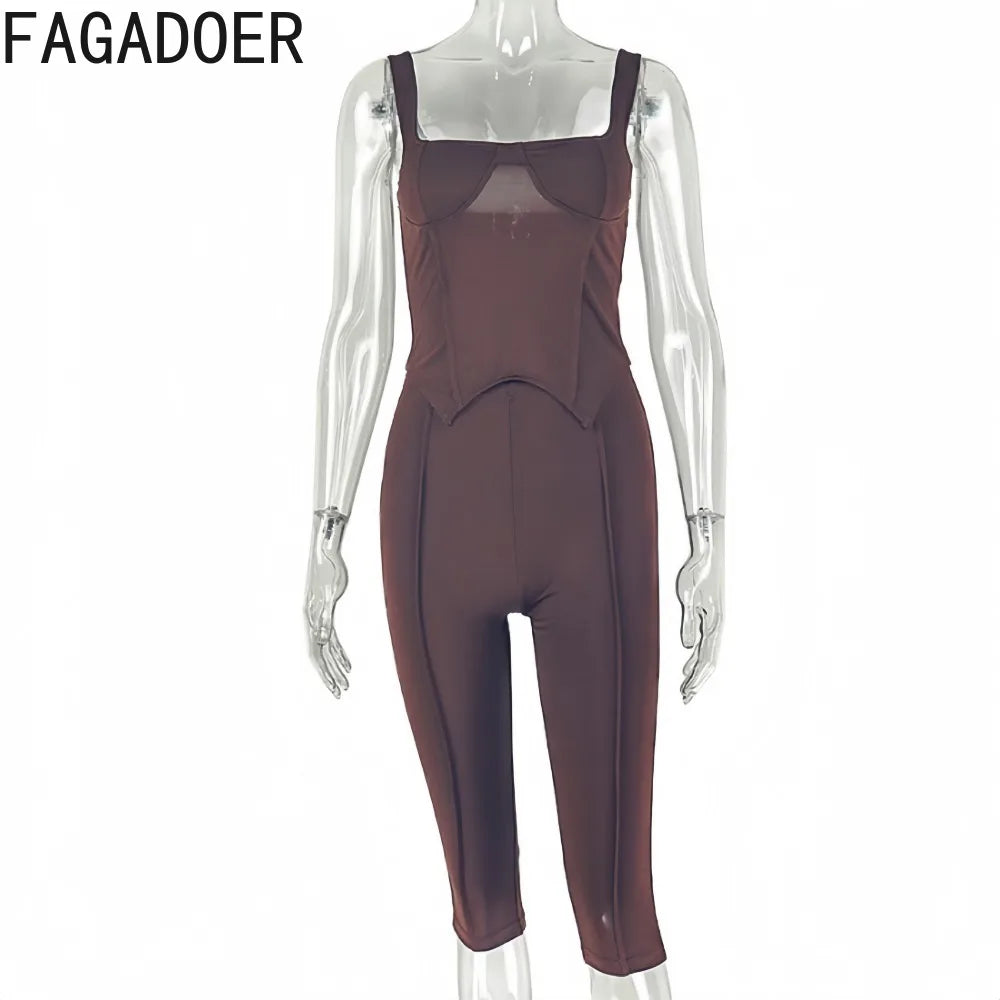 Brown Off Shoulder Corset Crop Top and Capri Pants Two Piece Set for Women