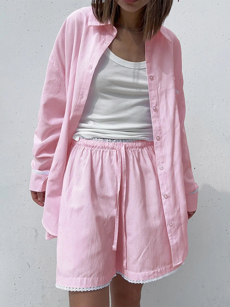 Striped Long Sleeve Cotton Shirt And Shorts Set For Women