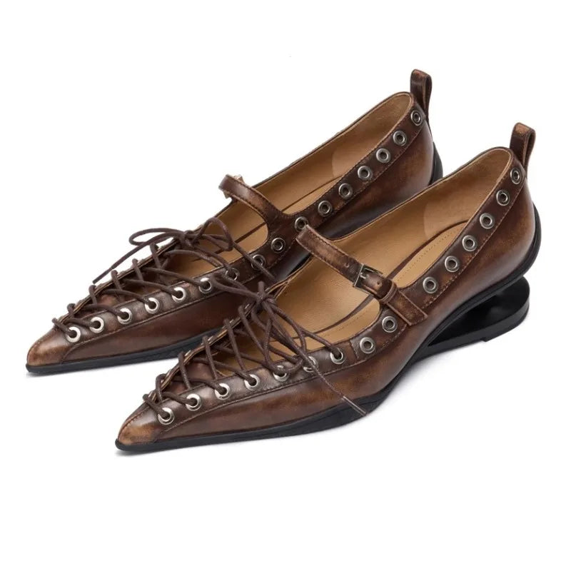 Retro Pointed Toe Lace-Up Rivet Detail Pumps for Women
