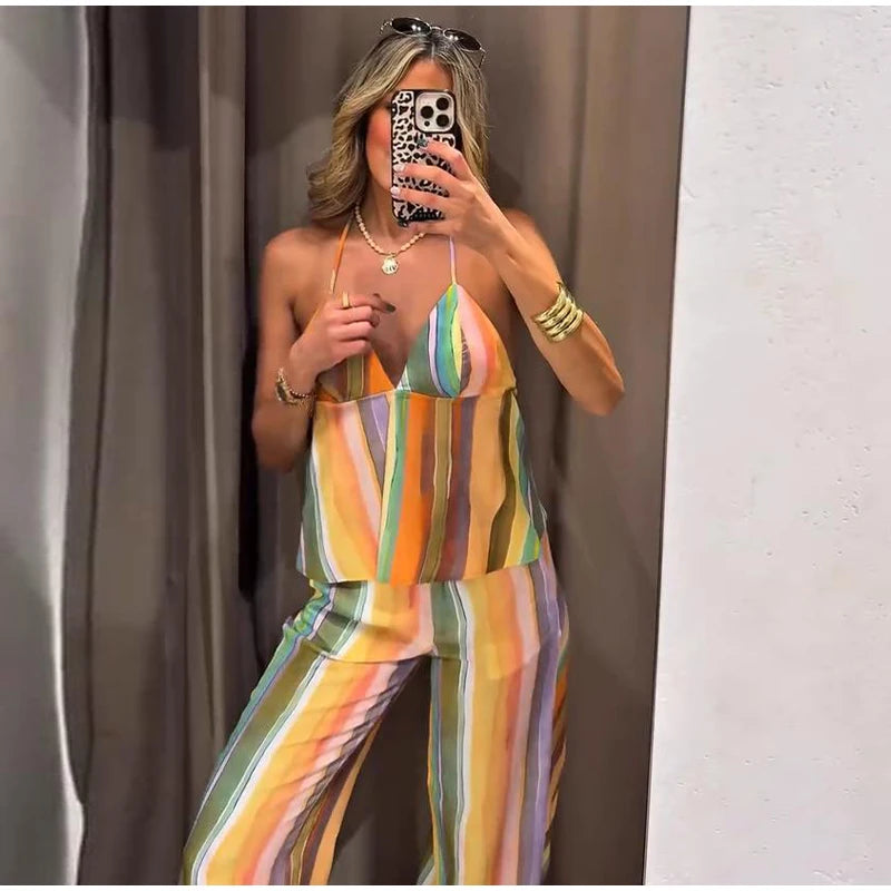 Cotton Striped High Waist Two Piece Summer Set For Women