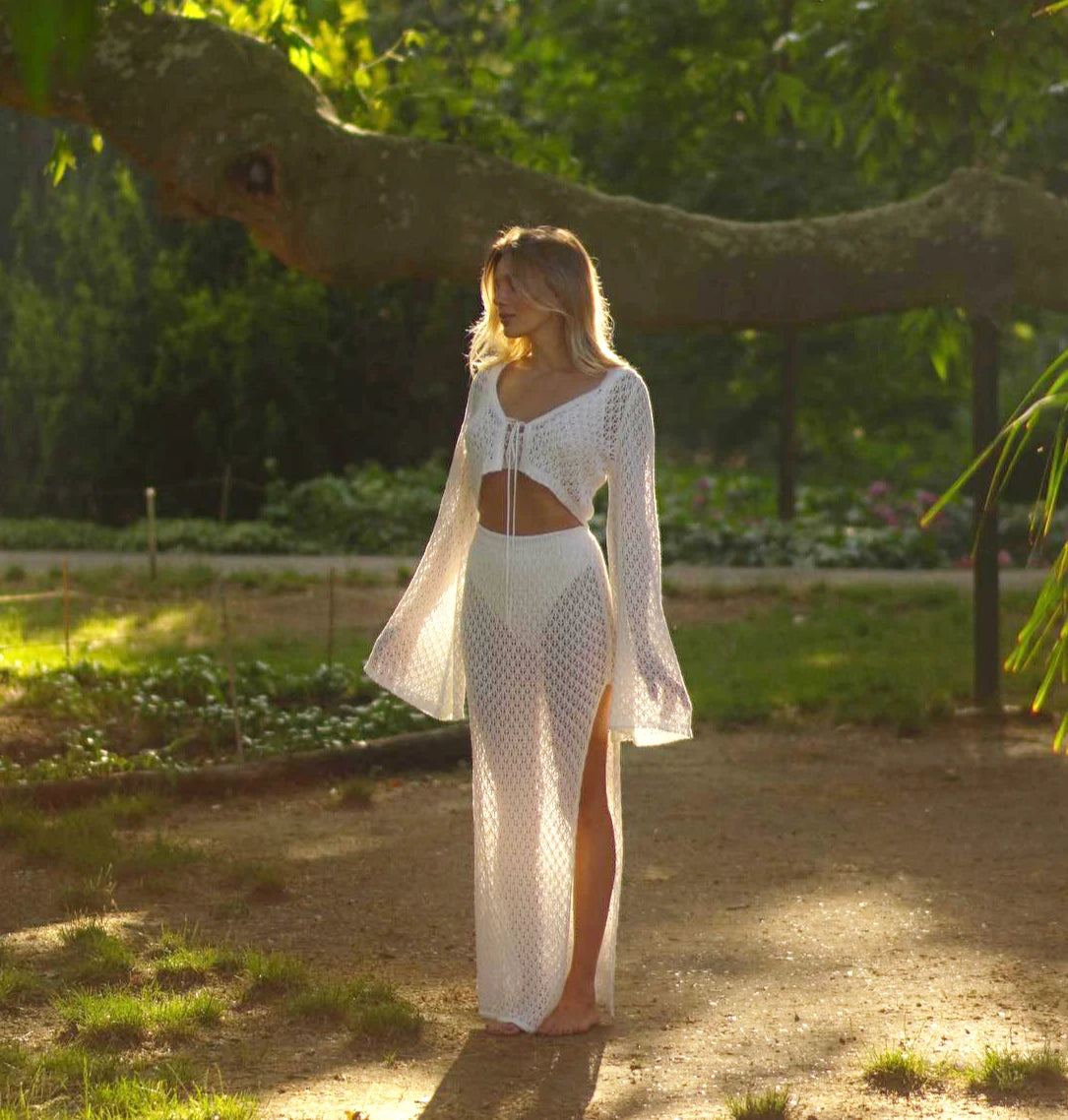 Sexy Knit Set White Cut Out Swimsuit Cover Up 2025 Women's Summer Bell Sleeve Lace-up Loose Top Beach Half Skirt Two-piece K136