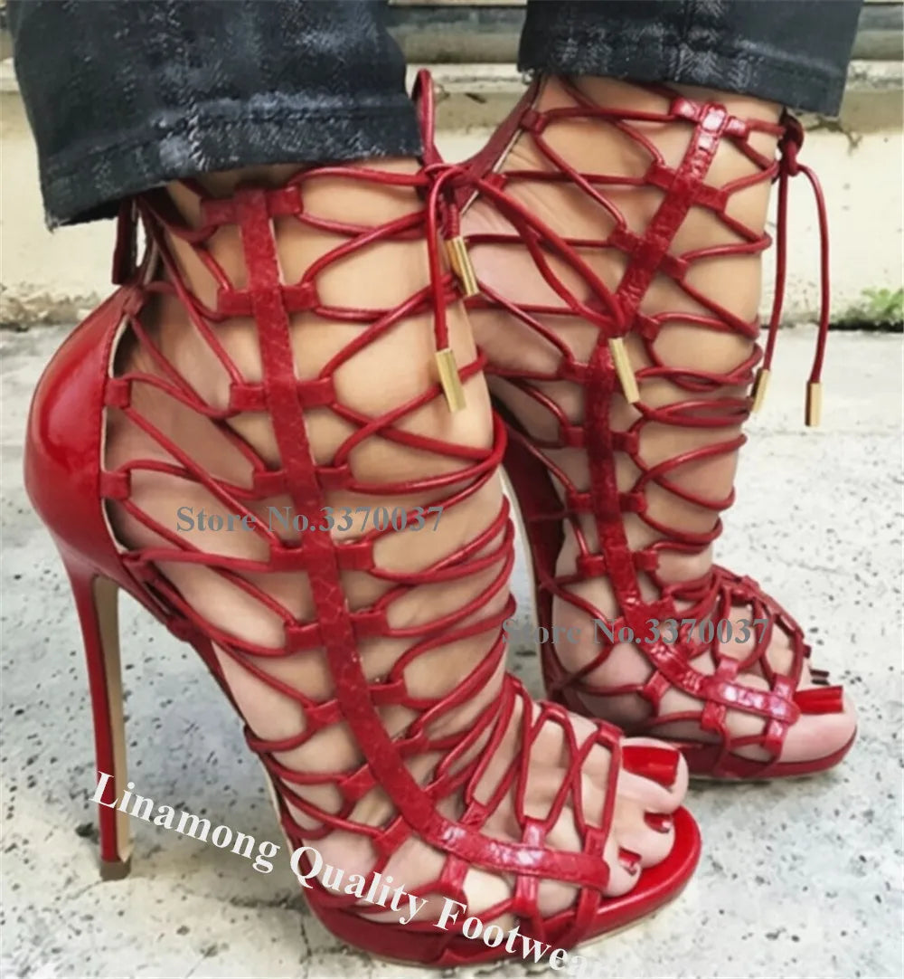 Brown Snakeskin Open Toe Cross Lace Up Stiletto Gladiator Sandals For Women