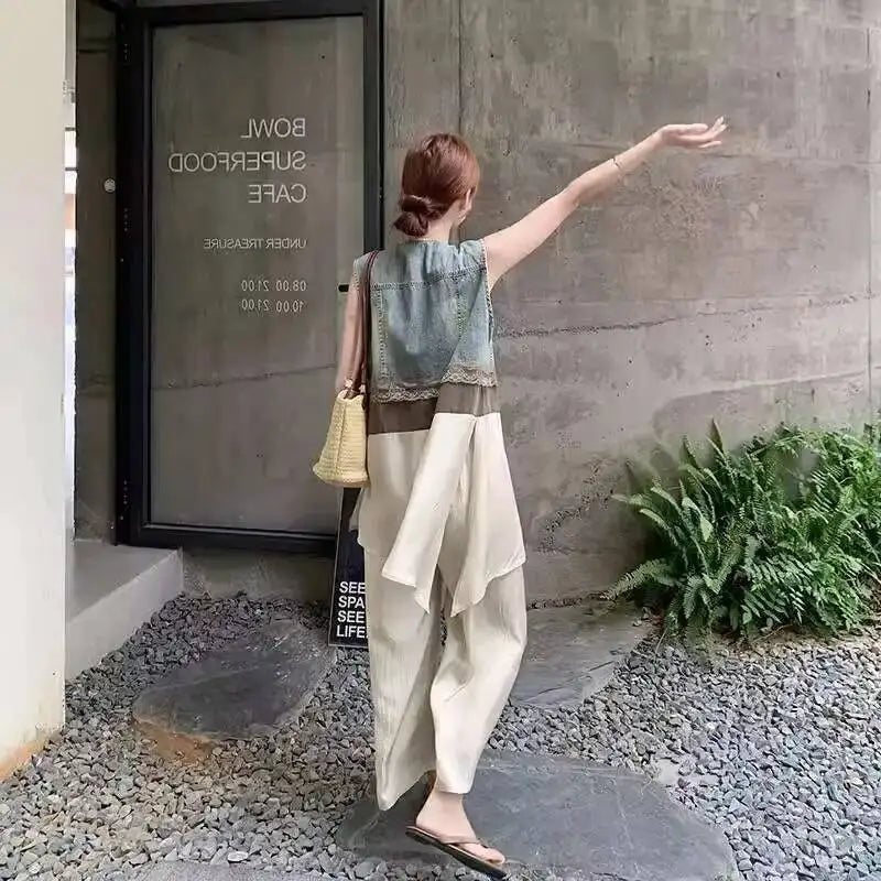 ANJY Summer New Women's High Street Fashion Unique Design Denim Patchwork Contrast Color Button Vest Casual Wide Leg Pants A7944