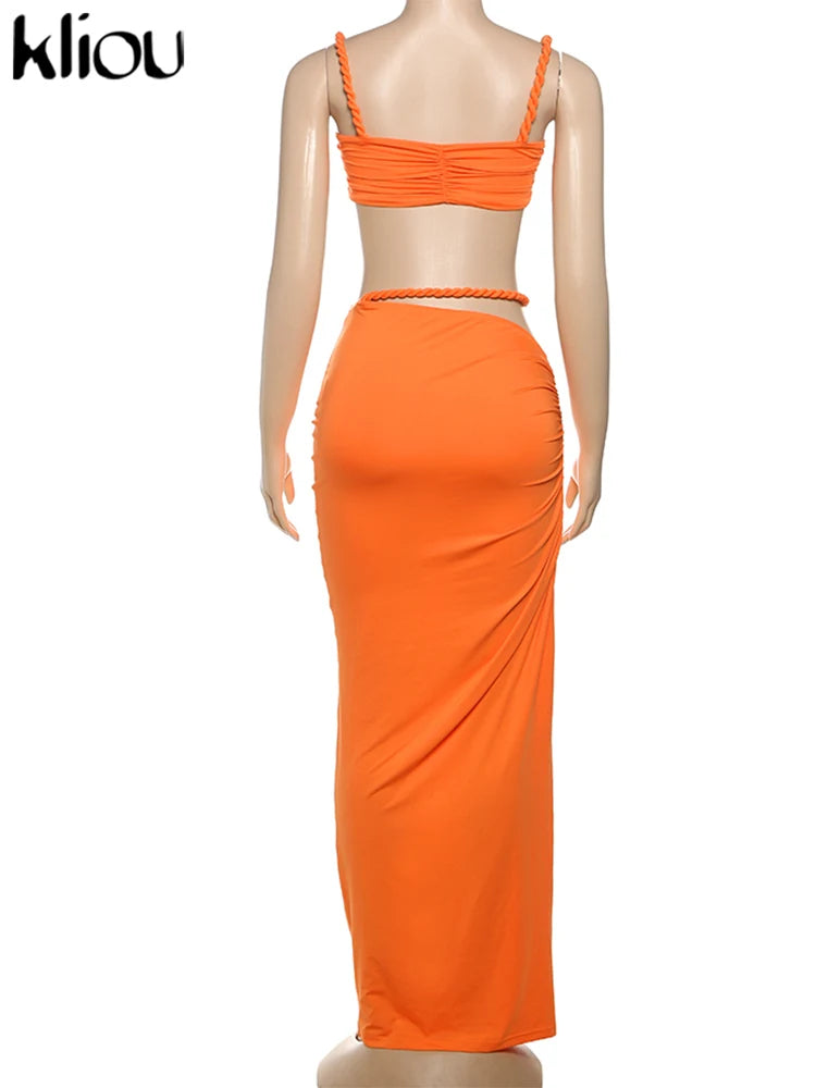 Woven Pleated Crop Top and Maxi Skirt Two Piece Set for Women