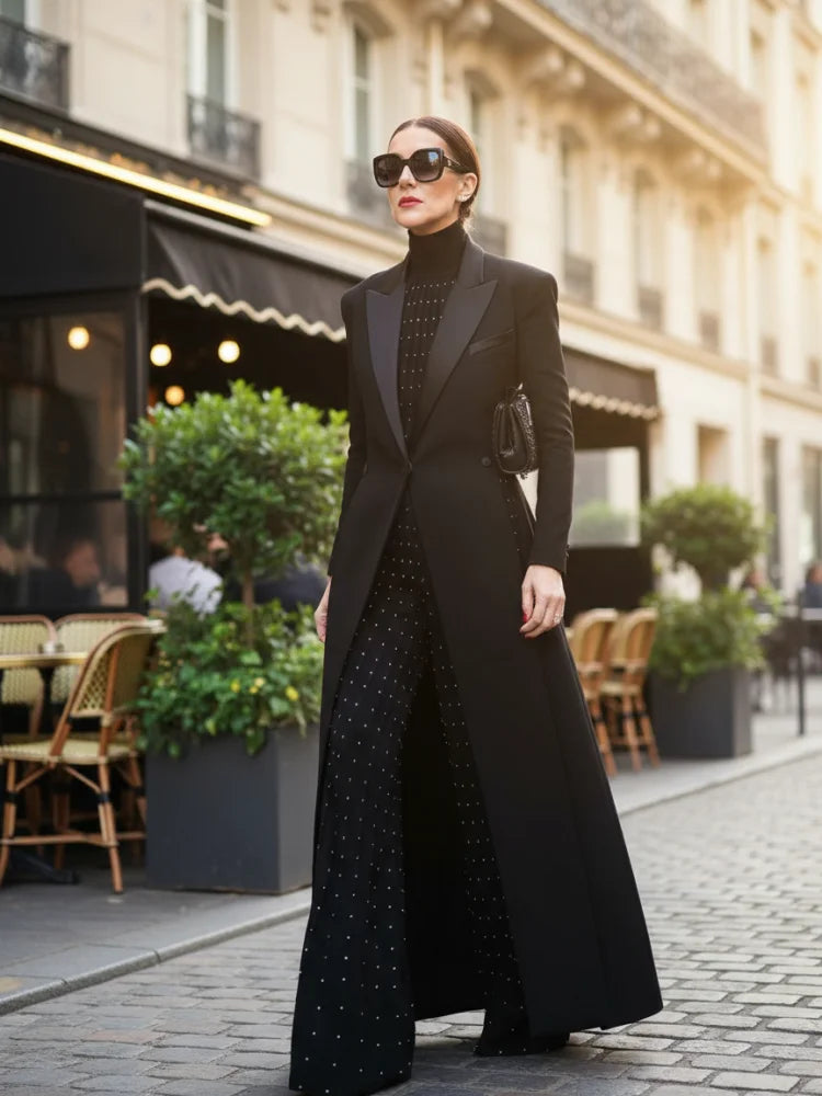 Bonboho 2026 Women's Elegant Blazer Jacket Solid Black Slim Long Sleeve Extra-Long Splited Blazer Coat Female Formal Outerwear