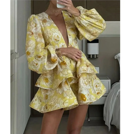 V Neck Puff Sleeve Mini Dress