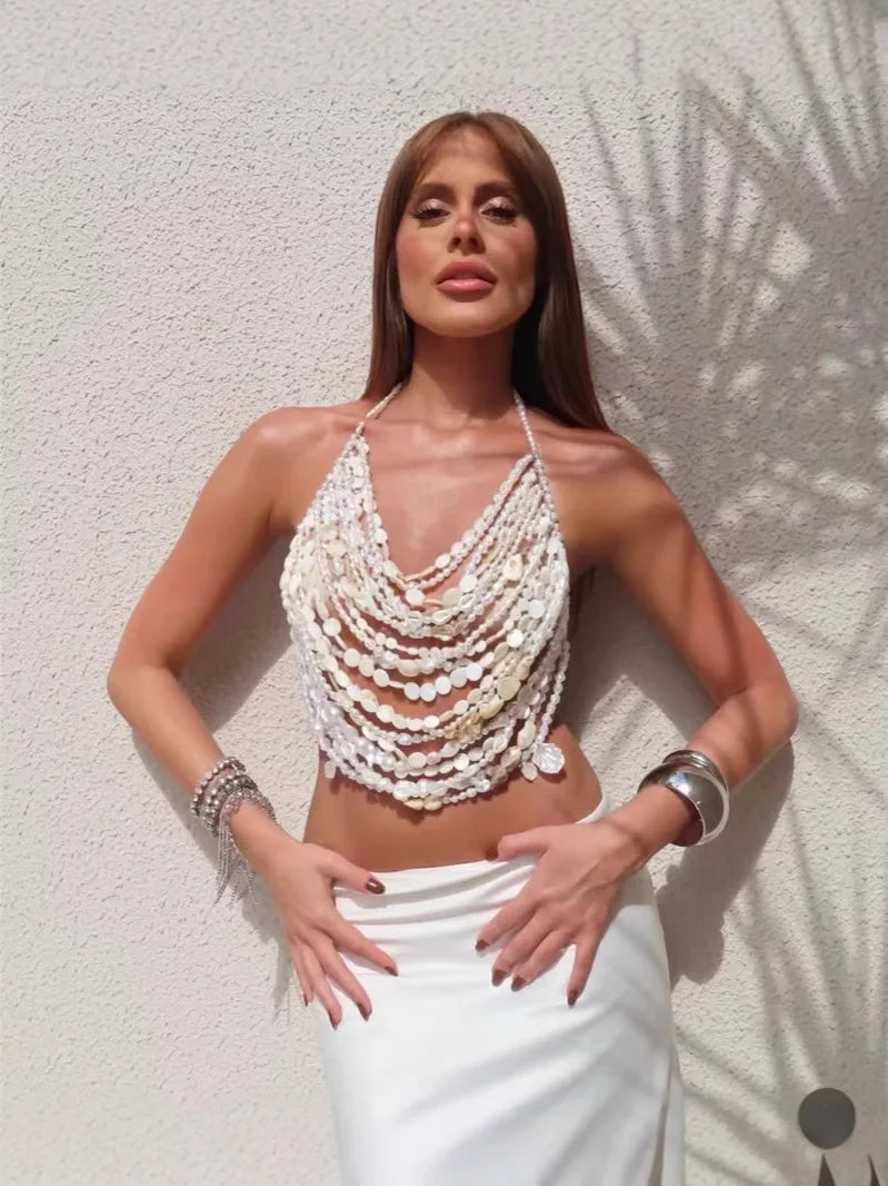 Multi Layer Pearl Beaded Front Chest Necklace For Women