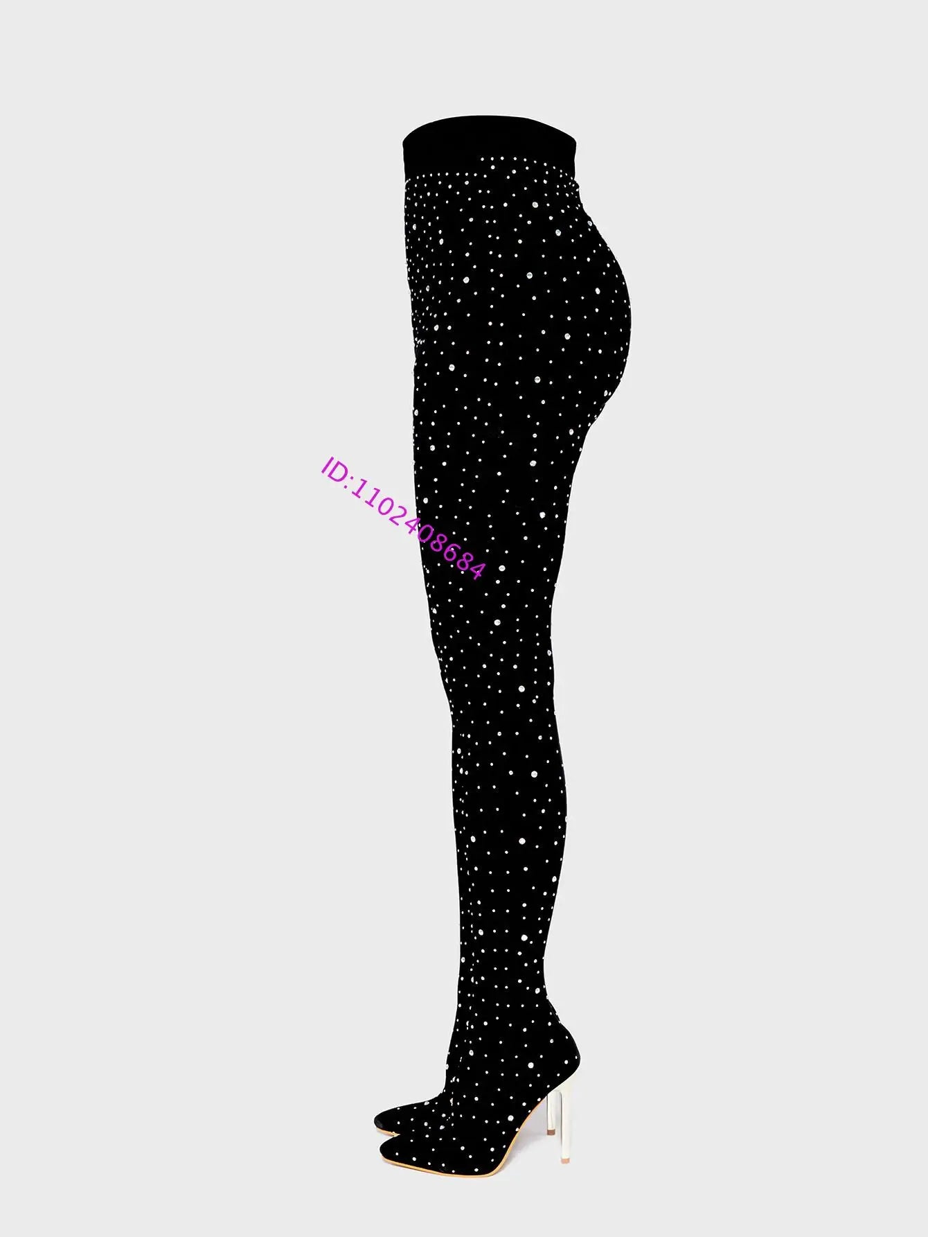 Black Lace Crystal Pointed Toe Over The Knee Boots For Women