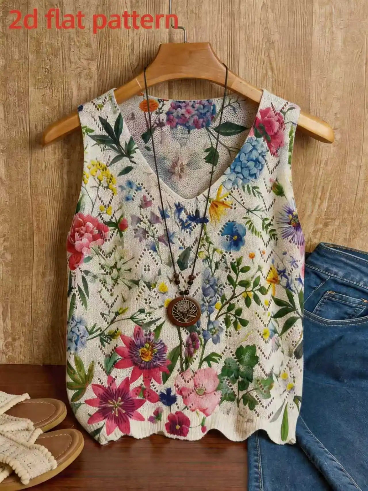 Floral Print V-Neck Pullover Knit Vest Top for Women
