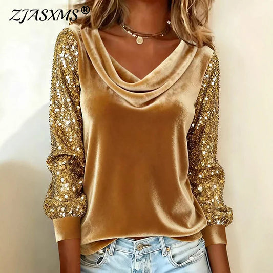 2026 Spring Vintage Solid Soft Velvet Shirt Woman Elegant Pile Collar Draped Tops Pullover Autumn Long Sleeve Sequin Blouse Tees